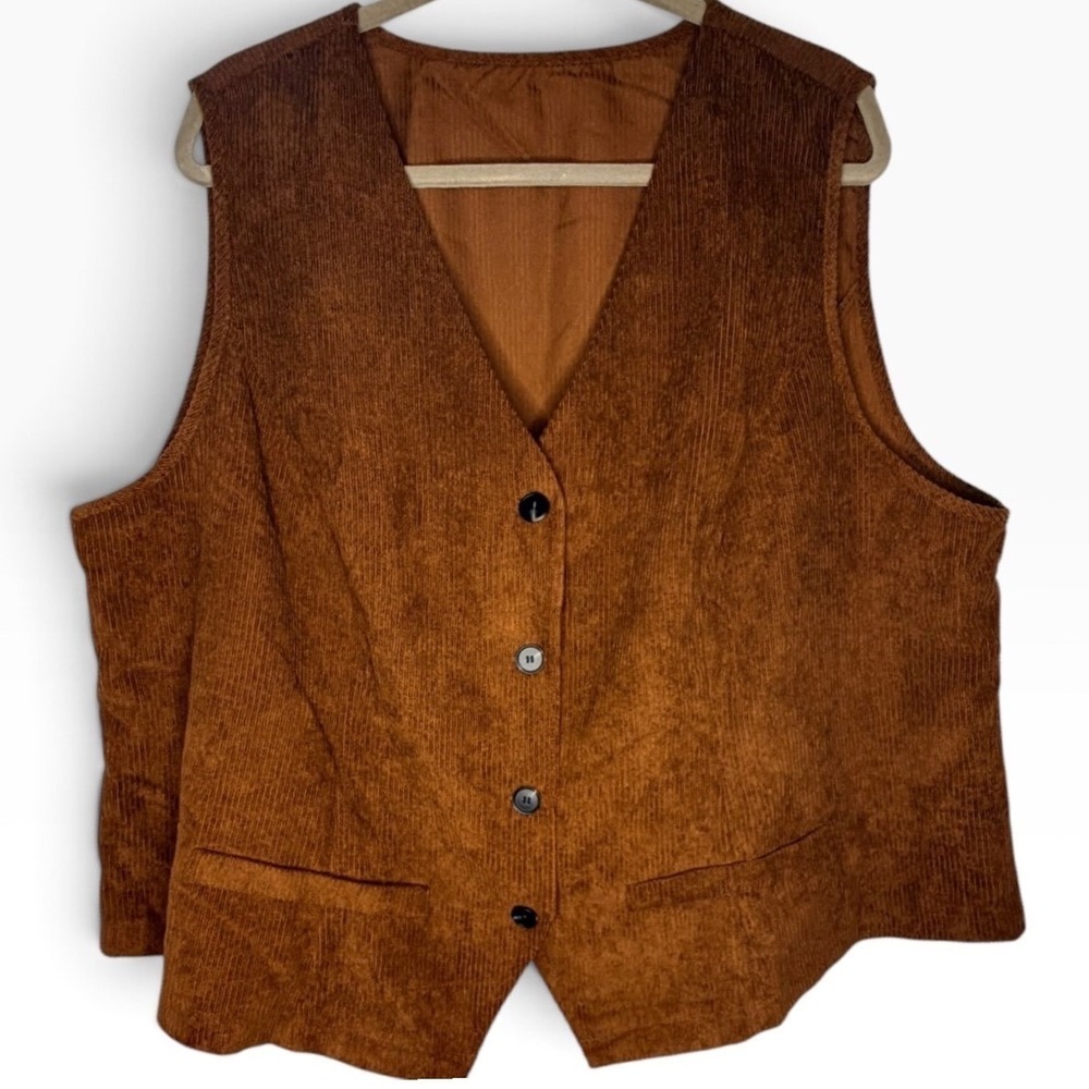 Curve Corduroy Vest Women 6XL Brown Button Front V-Neck Sleeveless Plus Size